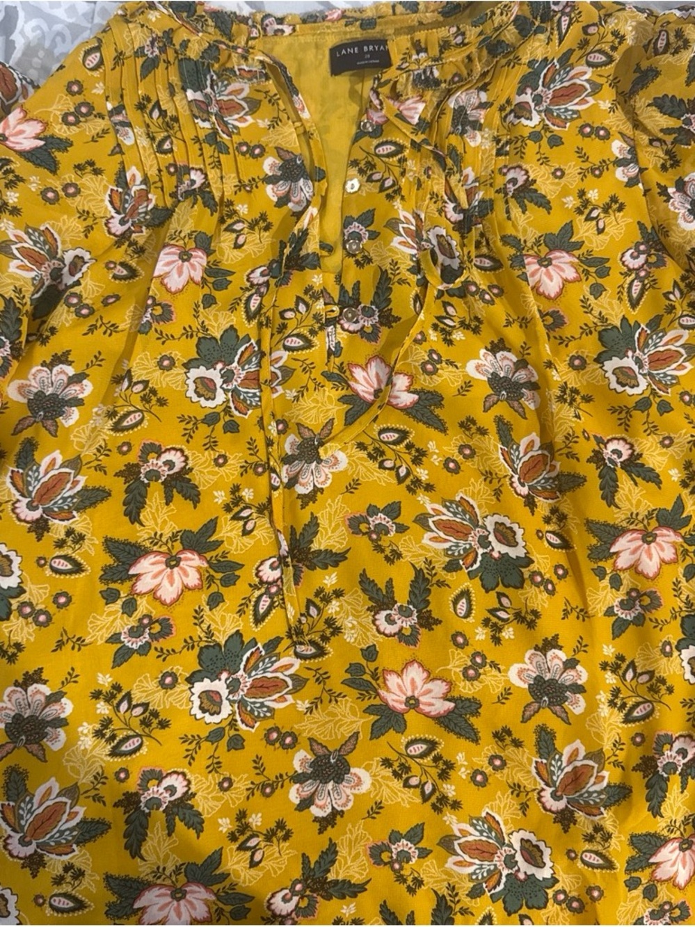 Lane Bryant Mustard Floral Tie-Neck Blouse